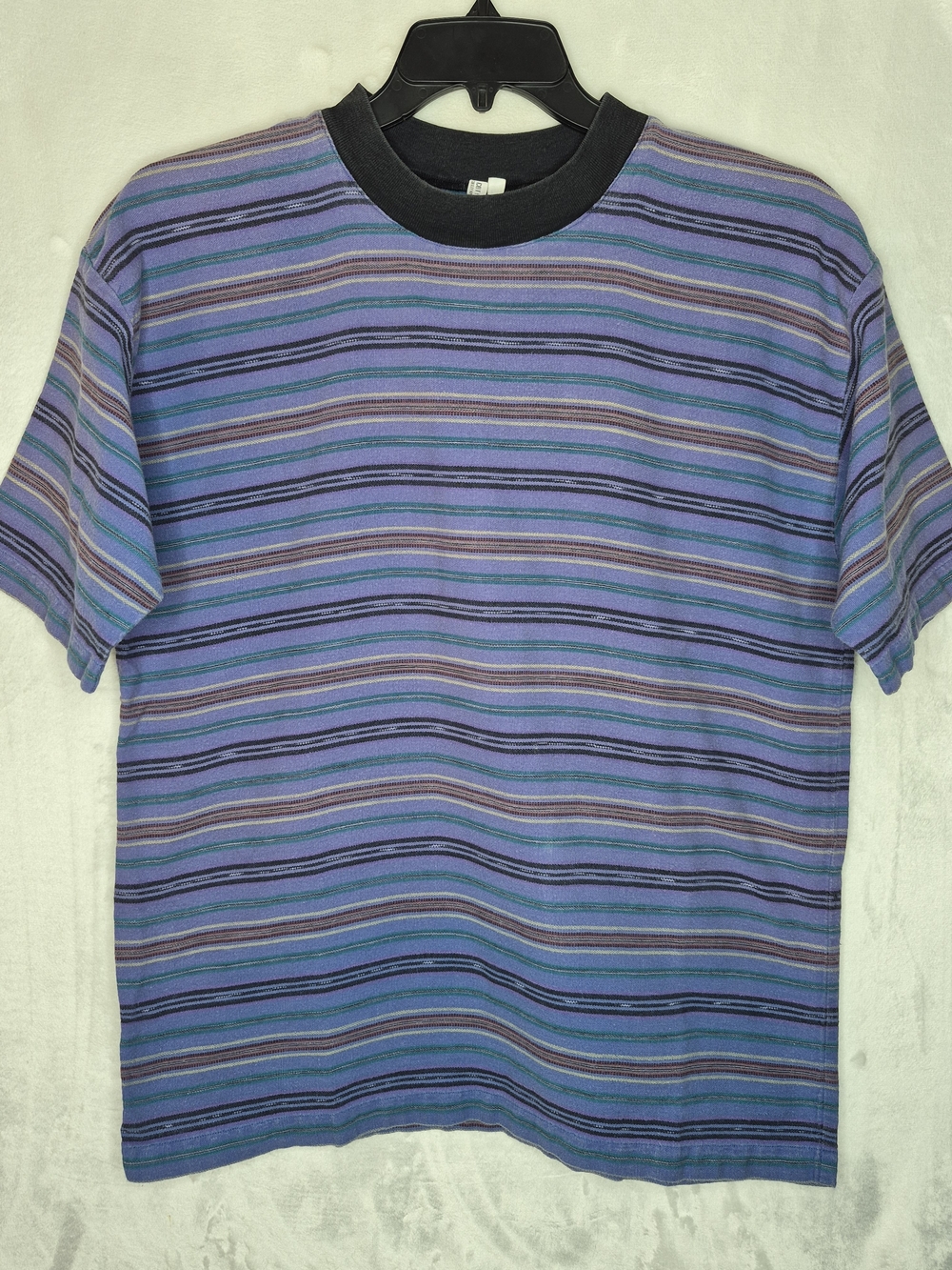 Vintage Striped Textured Pique T Shirt Black Collar Mens L 22x28.5